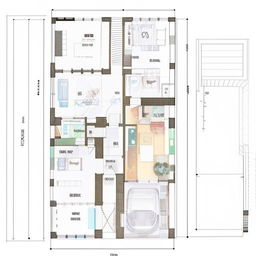 A detailed house blueprint featuring efficient use of a 30 by 12 feet plot. The plan should include distinct sections for living areas, kitchen, bathrooms, and bedrooms, optimally designed to maximize space utilization.