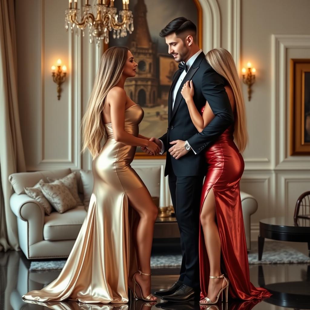 In a luxurious home setting, two sexy couples are captured in an intimate and romantic double date, with a palpable sense of passion building between them