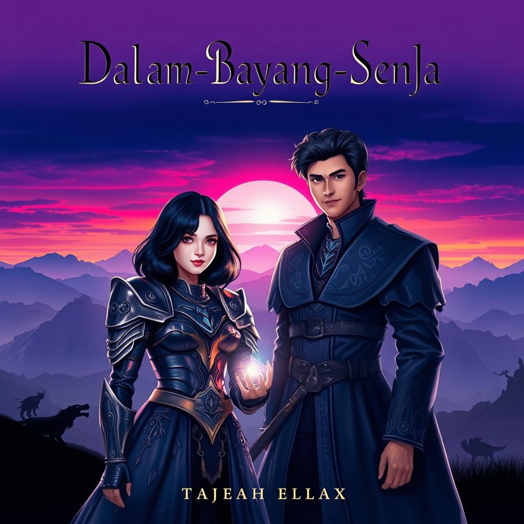 A captivating fantasy novel cover titled "Dalam Bayang-Bayang Senja