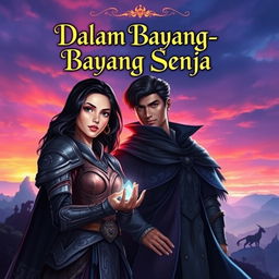 A captivating fantasy novel cover titled "Dalam Bayang-Bayang Senja