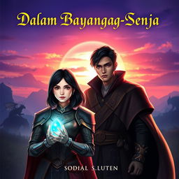 A captivating fantasy novel cover titled "Dalam Bayang-Bayang Senja