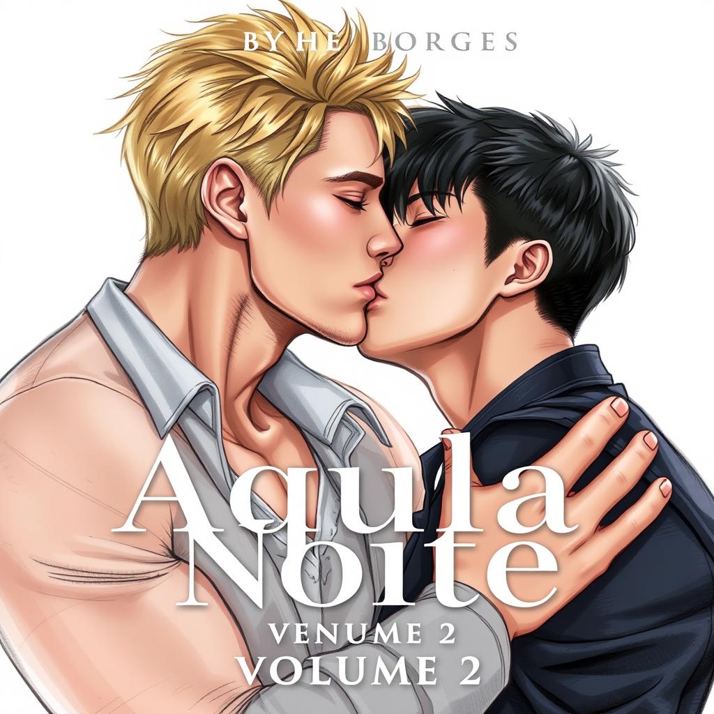 A realistic drawing of two men, one with blonde hair and blue eyes, and the other a Korean male, in a passionate kiss