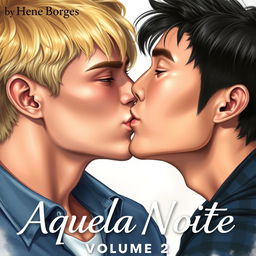 A realistic drawing of two men, one with blonde hair and blue eyes, and the other a Korean male, in a passionate kiss