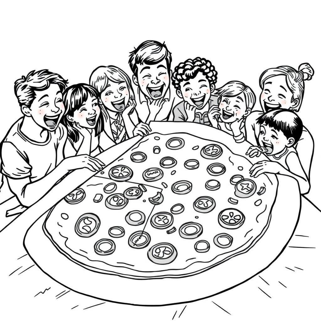 A surreal coloring page featuring a family joyfully sharing a giant slice of pizza, which covers an entire table