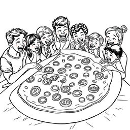 A surreal coloring page featuring a family joyfully sharing a giant slice of pizza, which covers an entire table