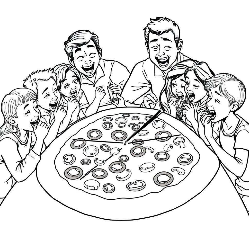 A surreal coloring page featuring a family joyfully sharing a giant slice of pizza, which covers an entire table