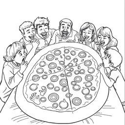 A surreal coloring page featuring a family joyfully sharing a giant slice of pizza, which covers an entire table