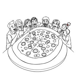 A surreal coloring page featuring a family joyfully sharing a giant slice of pizza, which covers an entire table