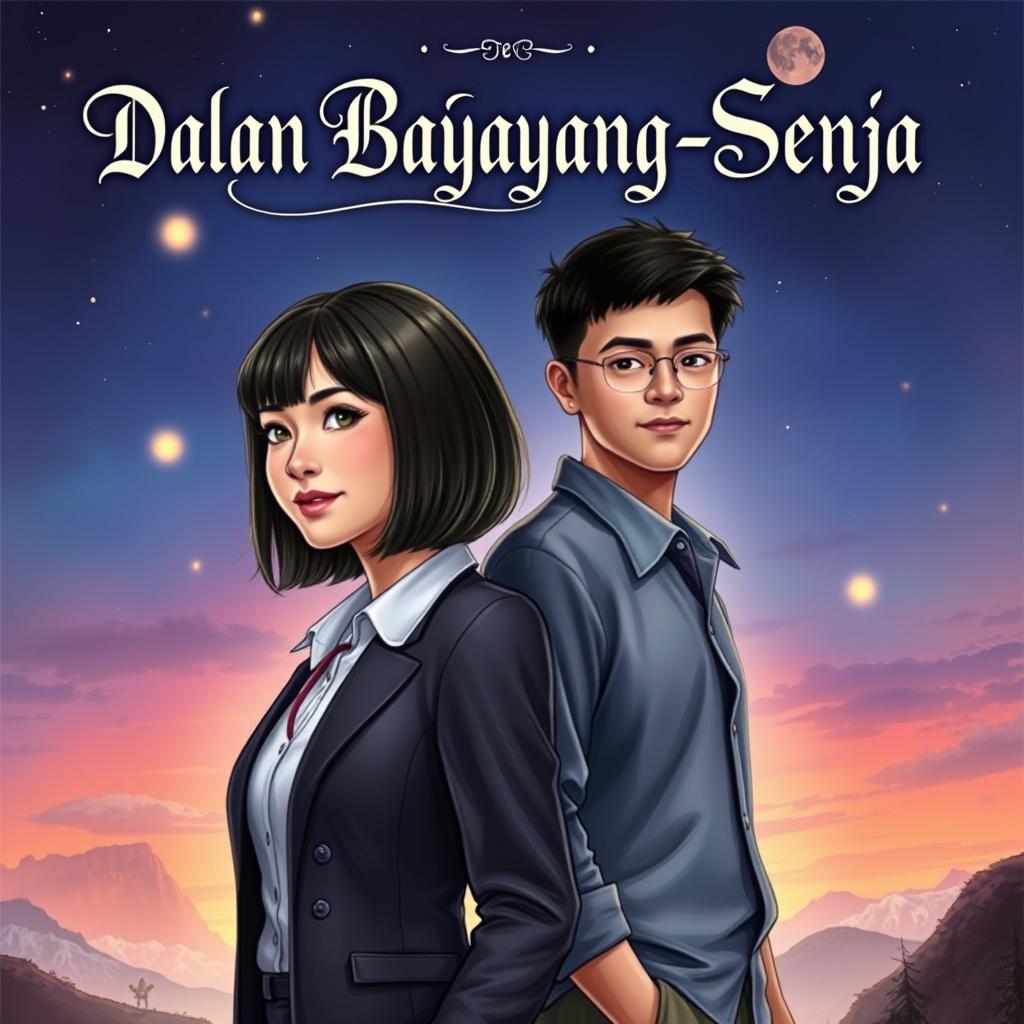 A captivating fantasy novel cover titled "Dalam Bayang-Bayang Senja