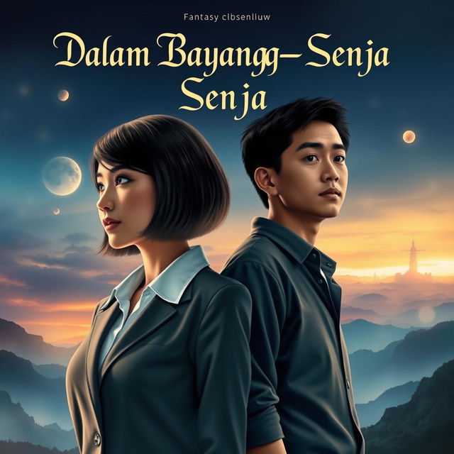 A captivating fantasy novel cover titled "Dalam Bayang-Bayang Senja