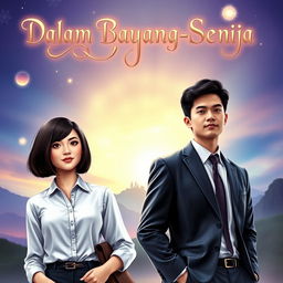 A captivating fantasy novel cover titled "Dalam Bayang-Bayang Senja