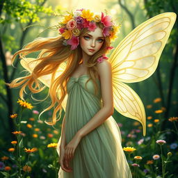 A mystical female spring elf nymph adorned with vibrant, blooming flowers woven into her flowing, ethereal hair