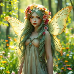 A mystical female spring elf nymph adorned with vibrant, blooming flowers woven into her flowing, ethereal hair