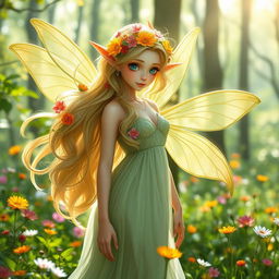 A mystical female spring elf nymph adorned with vibrant, blooming flowers woven into her flowing, ethereal hair