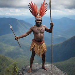 A 3D image of a traditional Papua New Guinea man from the Simbu tribe, adorned in traditional attire and armed with a spear, standing triumphant on the top of Mount Elembari.