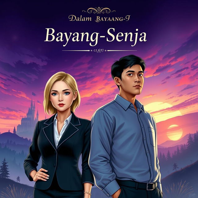 A fantasy novel cover titled "Dalam Bayang-Bayang Senja" featuring an office woman with slightly blonde hair and a simple, tall man