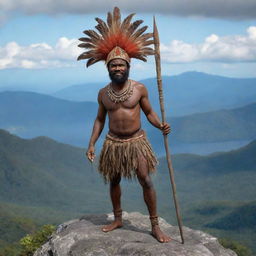 A 3D image of a traditional Papua New Guinea man from the Simbu tribe, adorned in traditional attire and armed with a spear, standing triumphant on the top of Mount Elembari.