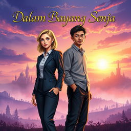 A fantasy novel cover titled "Dalam Bayang-Bayang Senja" featuring an office woman with slightly blonde hair and a simple, tall man