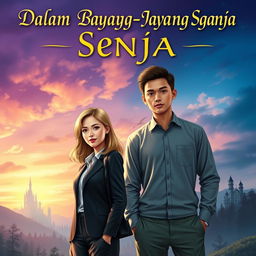 A fantasy novel cover titled "Dalam Bayang-Bayang Senja" featuring an office woman with slightly blonde hair and a simple, tall man