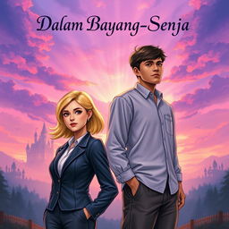 A fantasy novel cover titled "Dalam Bayang-Bayang Senja" featuring an office woman with slightly blonde hair and a simple, tall man