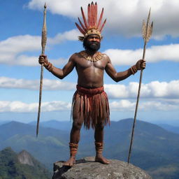 A 3D image of a traditional Papua New Guinea man from the Simbu tribe, adorned in traditional attire and armed with a spear, standing triumphant on the top of Mount Elembari.