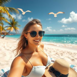 A young adult woman soaking up the sun on a beautiful sandy beach