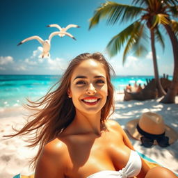 A young adult woman soaking up the sun on a beautiful sandy beach