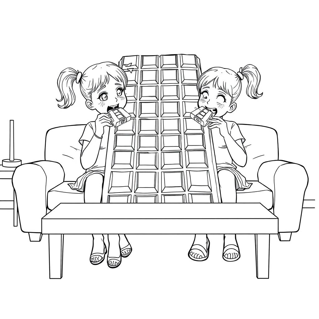 A surreal coloring page depicting two girls sitting on a living room couch, each taking a bite from a gigantic chocolate bar that almost covers the entire table in front of them