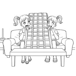 A surreal coloring page depicting two girls sitting on a living room couch, each taking a bite from a gigantic chocolate bar that almost covers the entire table in front of them