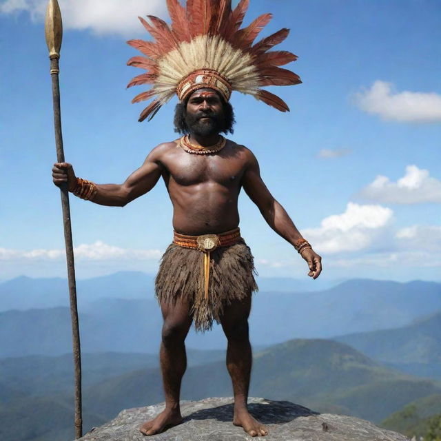 A 3D image of a traditional Papua New Guinea man from the Simbu tribe, adorned in traditional attire and armed with a spear, standing triumphant on the top of Mount Elembari.