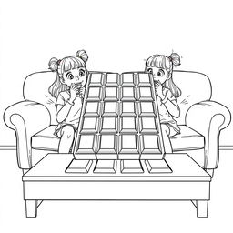 A surreal coloring page depicting two girls sitting on a living room couch, each taking a bite from a gigantic chocolate bar that almost covers the entire table in front of them