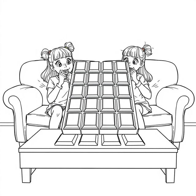 A surreal coloring page depicting two girls sitting on a living room couch, each taking a bite from a gigantic chocolate bar that almost covers the entire table in front of them