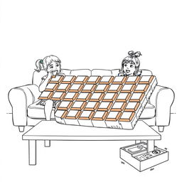 A surreal coloring page depicting two girls sitting on a living room couch, each taking a bite from a gigantic chocolate bar that almost covers the entire table in front of them