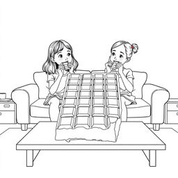 A surreal coloring page depicting two girls sitting on a living room couch, each taking a bite from a gigantic chocolate bar that almost covers the entire table in front of them