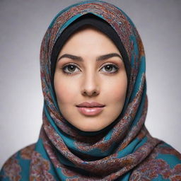 A graceful woman in a beautifully patterned hijab, with her eyes radiating confidence and poise.