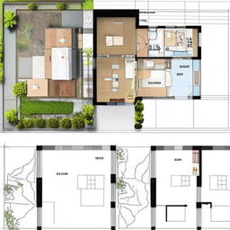 Architectural design of a house plan optimised for a 30 by 12 feet plot. Include key areas such as living space, kitchen, bedrooms and bathrooms.