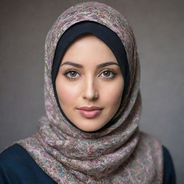 A graceful woman in a beautifully patterned hijab, with her eyes radiating confidence and poise.