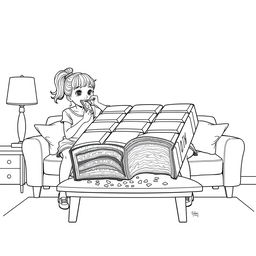 A surreal coloring page showcasing two girls sitting on a living room couch, each with a playful expression as they bite into a gigantic chocolate bar that sprawls across the entire table