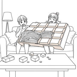 A surreal coloring page showcasing two girls sitting on a living room couch, each with a playful expression as they bite into a gigantic chocolate bar that sprawls across the entire table