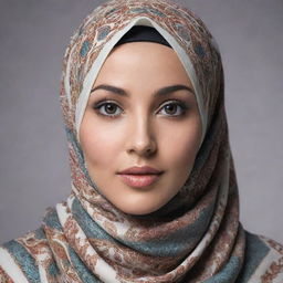 A graceful woman in a beautifully patterned hijab, with her eyes radiating confidence and poise.