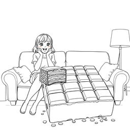 A surreal coloring page showcasing two girls sitting on a living room couch, each with a playful expression as they bite into a gigantic chocolate bar that sprawls across the entire table