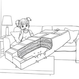 A surreal coloring page showcasing two girls sitting on a living room couch, each with a playful expression as they bite into a gigantic chocolate bar that sprawls across the entire table