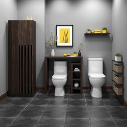 A high-tech styled bathroom featuring gray walls and dark wood furniture