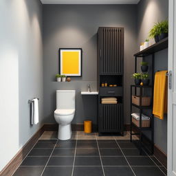 A high-tech styled bathroom featuring gray walls and dark wood furniture