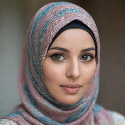 A graceful woman in a beautifully patterned hijab, with her eyes radiating confidence and poise.