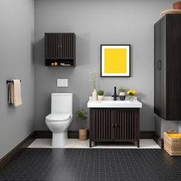 A high-tech styled bathroom featuring gray walls and dark wood furniture