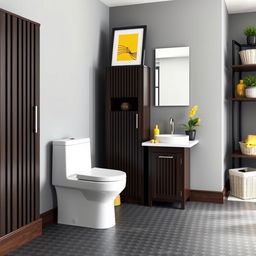 A high-tech styled bathroom featuring gray walls and dark wood furniture