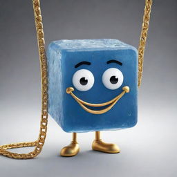 A whimsical, cartoon-style ice cube character with a confident expression, draped in a heavy, shining gold chain.