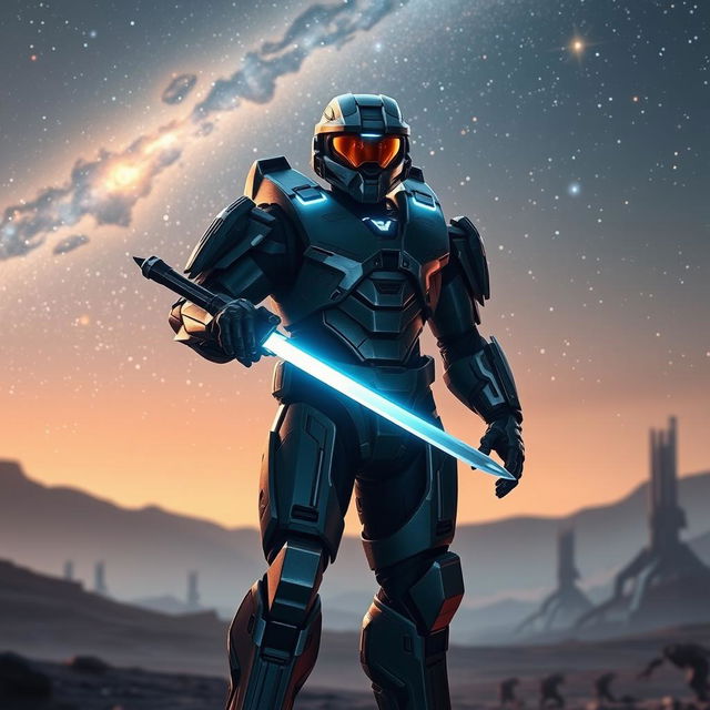 A stunning depiction of the Master Chief from the Halo video game series standing on an alien planet, the sky filled with distant stars and nebulae