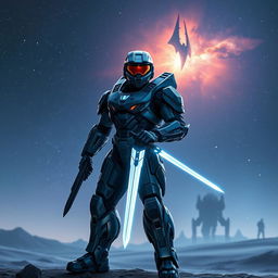 A stunning depiction of the Master Chief from the Halo video game series standing on an alien planet, the sky filled with distant stars and nebulae